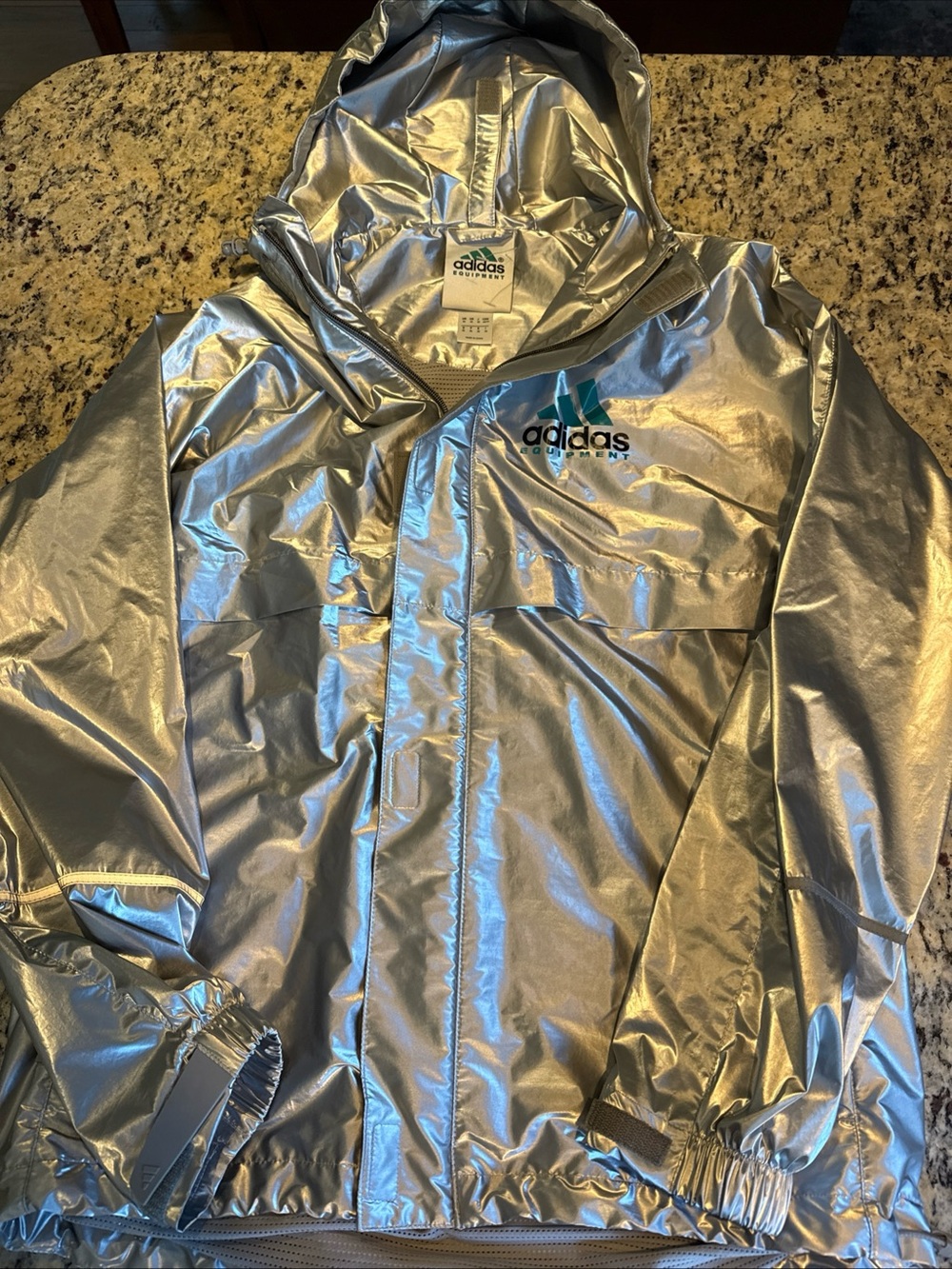 adidas Silver Metallic Windbreaker Jacket with Teal Logo